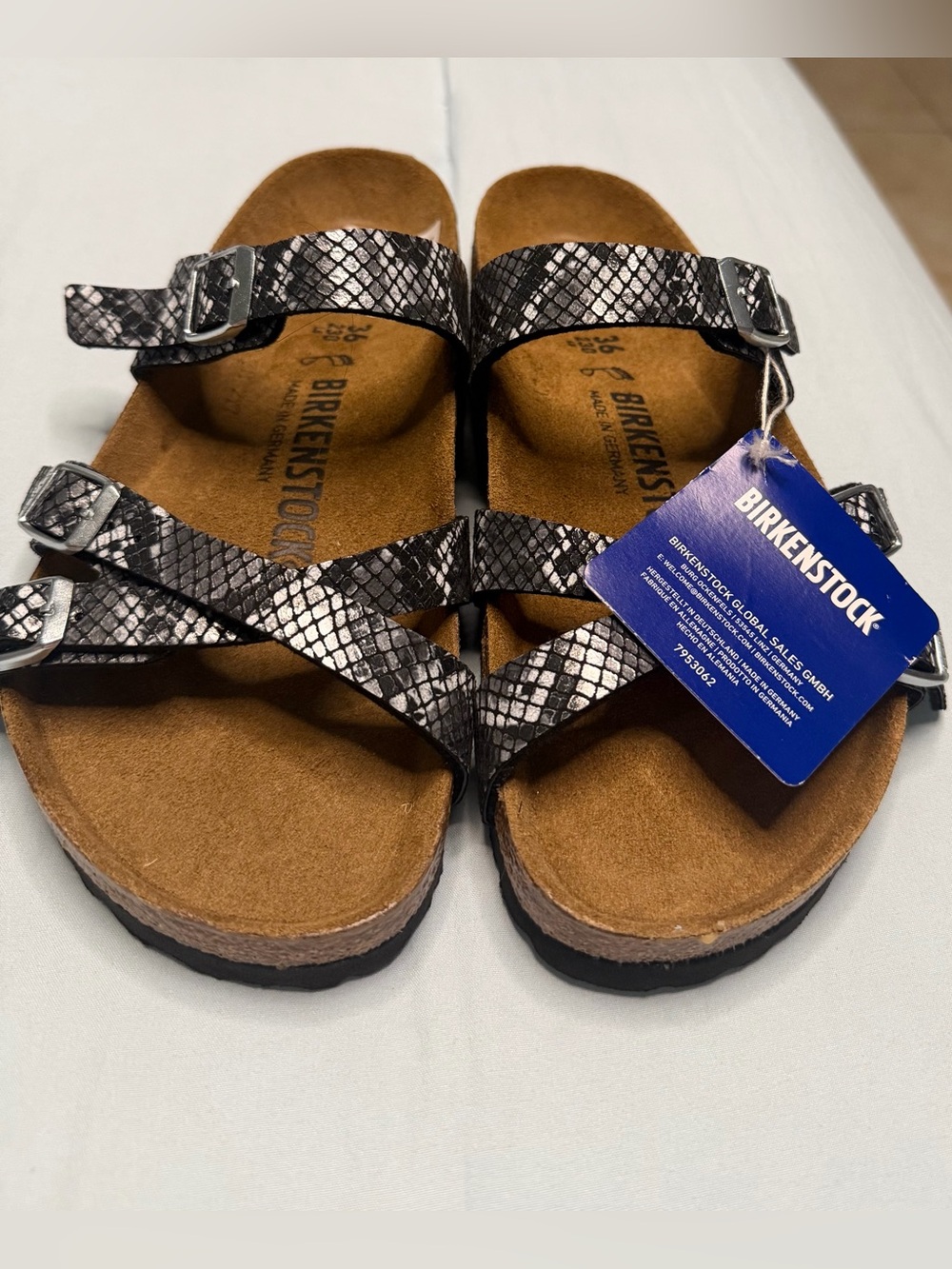 Birkenstock Women's Snake-Print Leather Strappy Sandals in Black and White